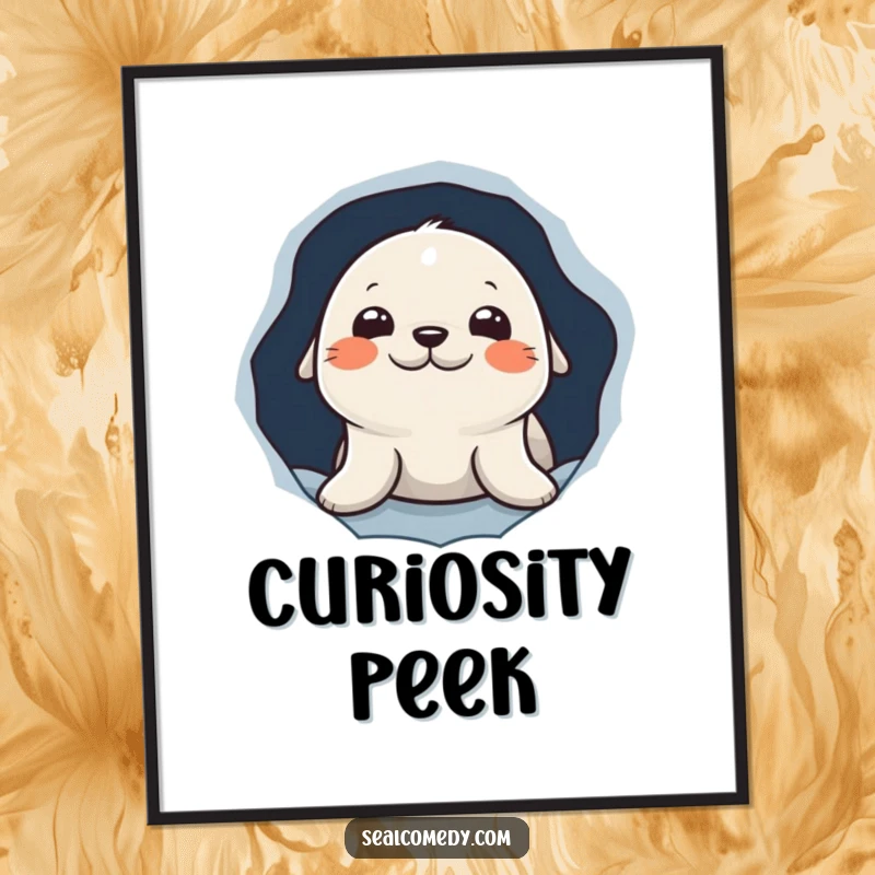 Funny digital art print of a curious seal character peeking out from a hole in the ice, evoking playful mystery and charm.