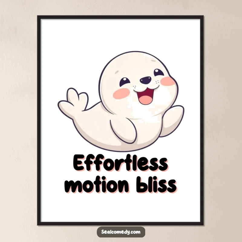 Funny seal pup joyfully sliding on its belly with a delighted smile, presented as a digital art print for instant humor.