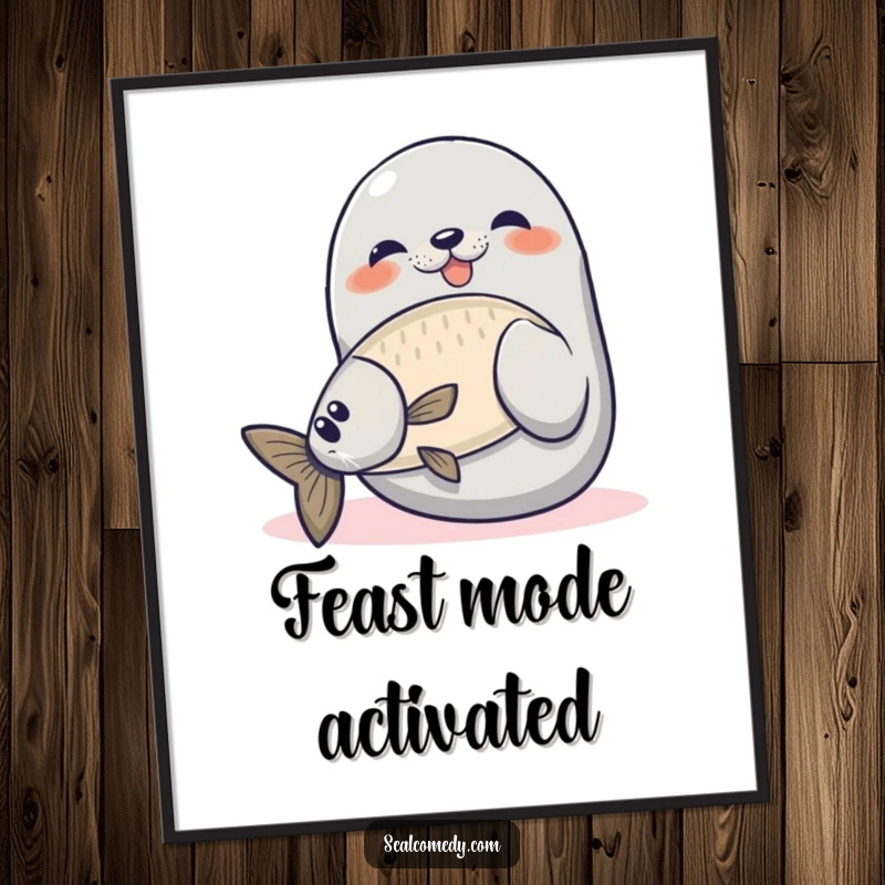 Funny seal digital art print featuring a proud seal catching a fish, perfect for instant download and humorous decor.