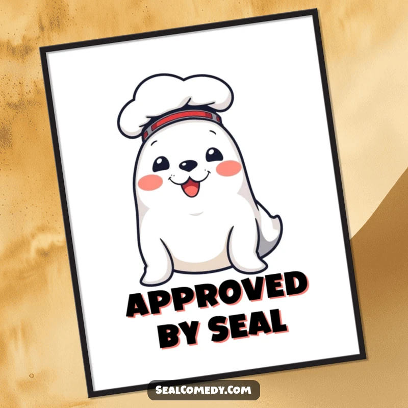 Funny digital art print of a cheerful seal wearing a chef hat, ready to add a touch of culinary humor to walls.
