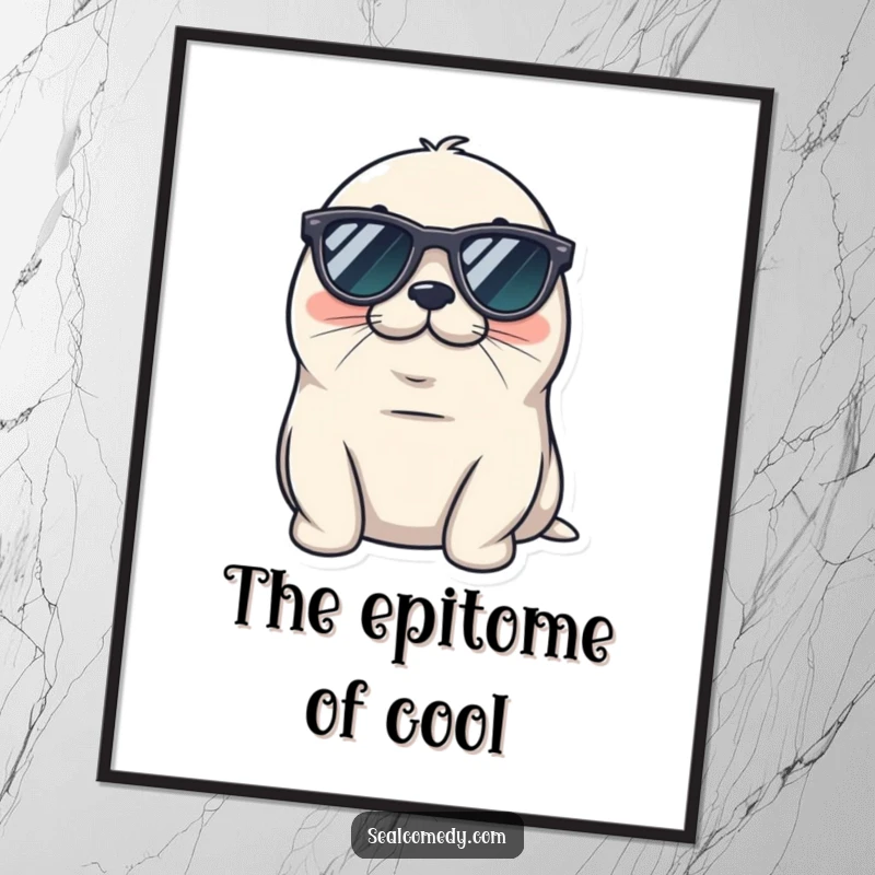 Funny seal digital art print wearing tiny sunglasses, looking cool and relaxed, a chill marine mammal with awesome shades.