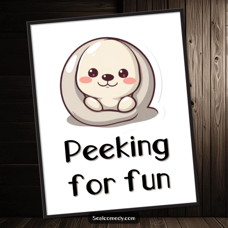 Funny Digital Art Print of a seal curiously peeking from behind a pebble, perfect for whimsical decor.