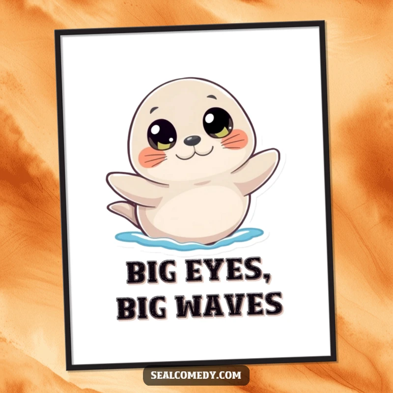 Funny digital art print of a seal with large, curious eyes, waving a flipper, creating a charming and friendly visual.