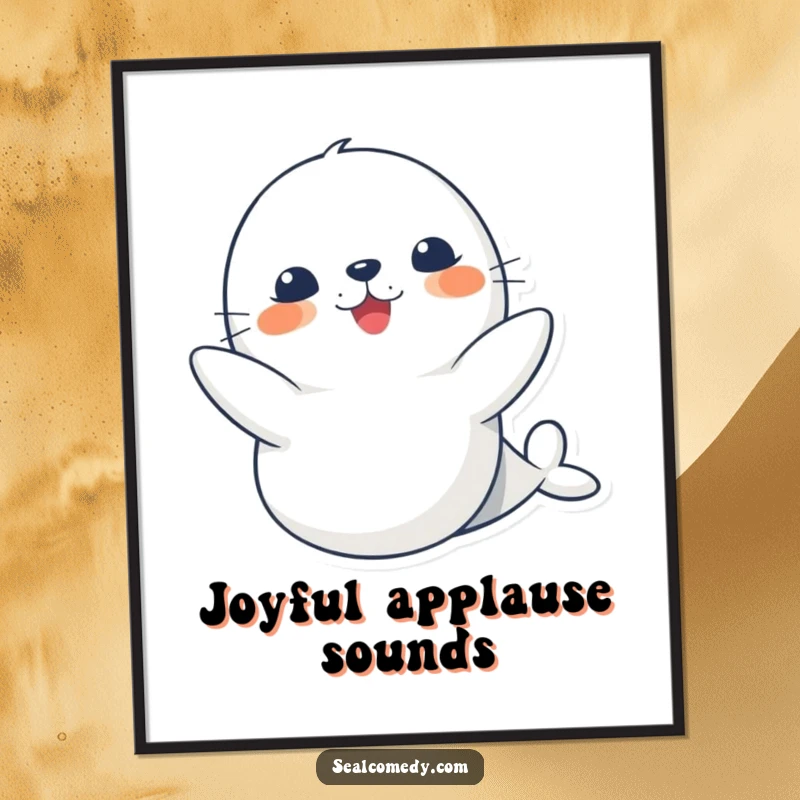 Funny cute seal digital art print, showing a happy clapping seal, ready for instant download and display.