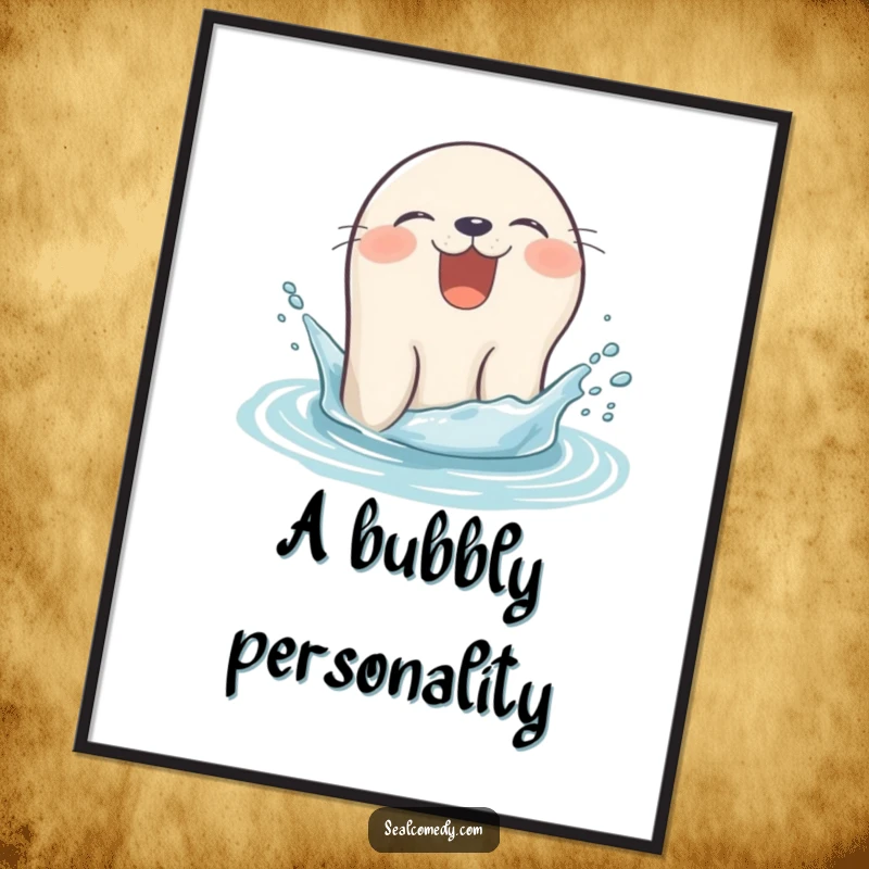 Funny seal digital art print giggling as it pops its head out of the water with a splash, a joyful marine mammal.