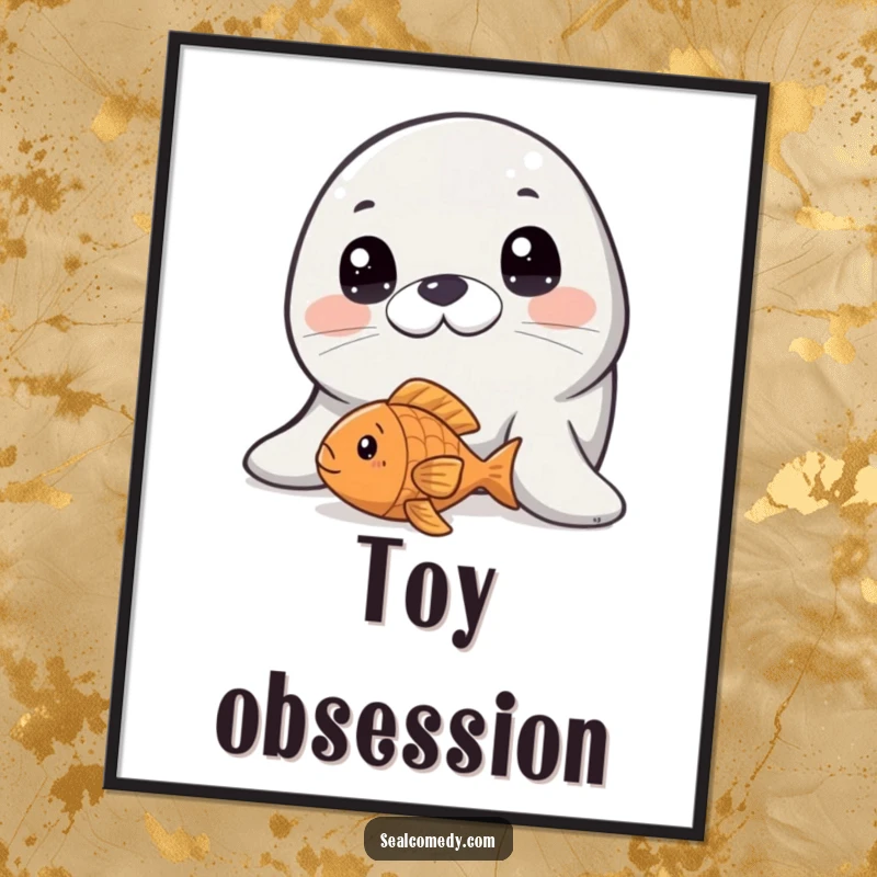 Funny seal with wide, innocent eyes peering at a floating fish toy, a charming digital art print.