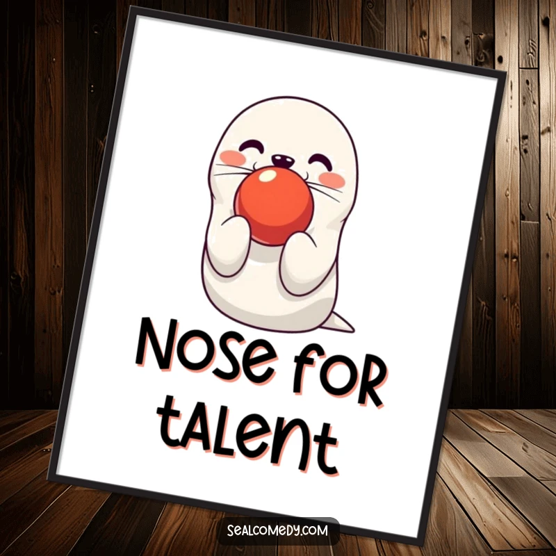 Funny seal digital art print of a cute character balancing a red ball on its nose, perfect for whimsical decor. A humorous digital download.