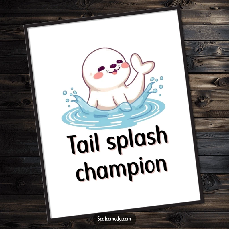 Funny seal digital art print showing a playful seal splashing water with its tail, embodying carefree aquatic joy and fun.