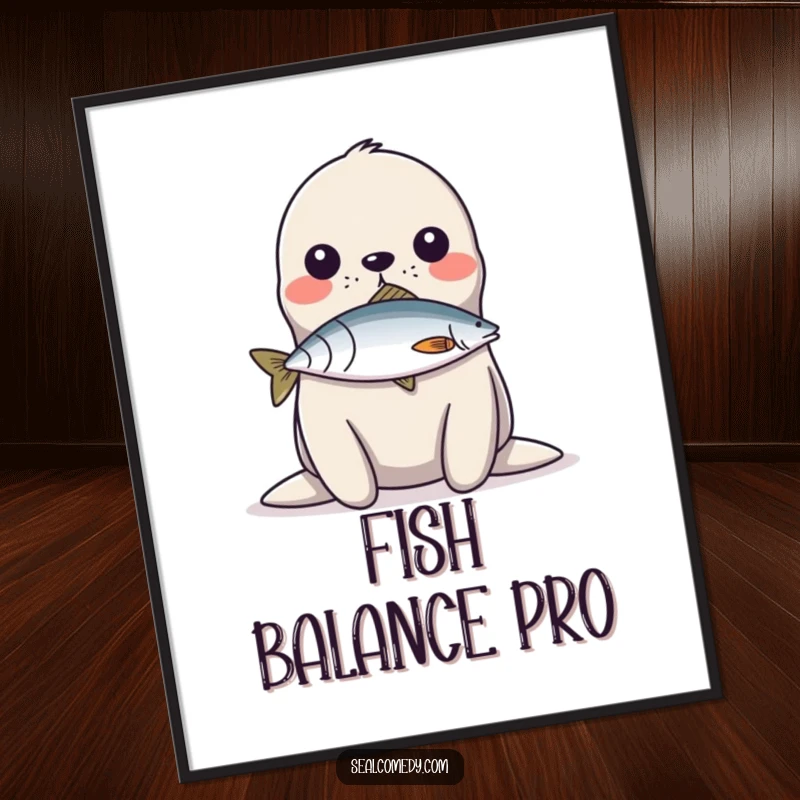 Funny Digital Art Print: A seal balances a fish on its nose, a humorous and impressive display of talent.