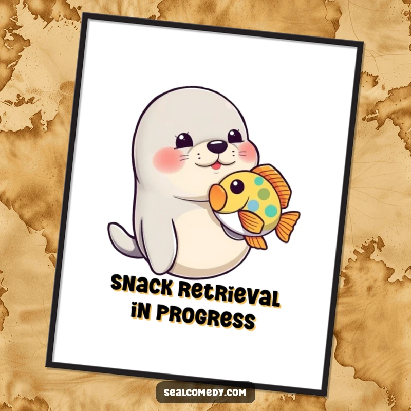 Funny Seal Digital Art Print: A playful seal nudges a colorful fish with its snout, full of humorous charm.