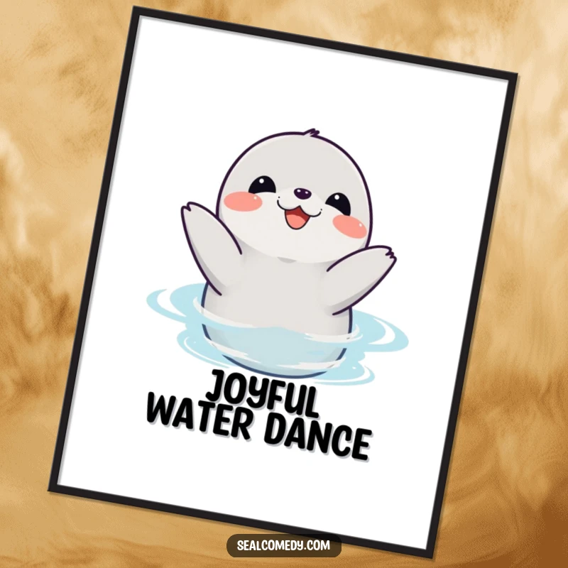 Funny seal digital art print of a happy marine animal clapping its flippers joyfully in the water, symbolizing pure delight.