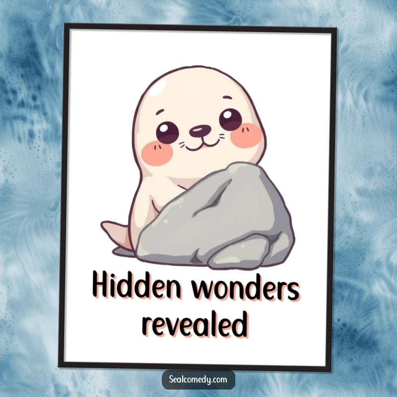 Funny digital art print of a seal gleefully peeking from behind a rock, capturing a moment of charming curiosity.