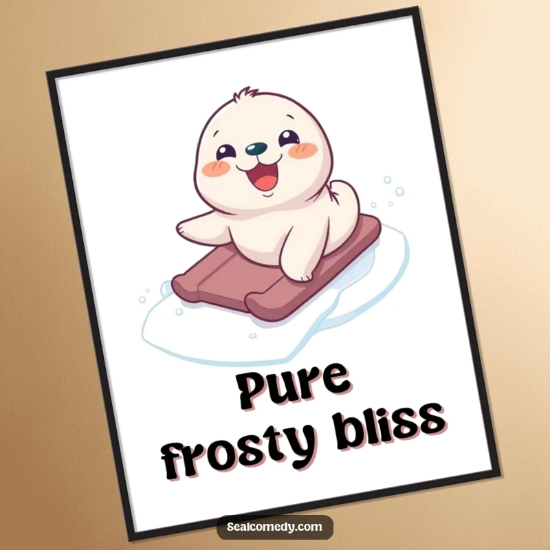 Funny seal pup's delightful slide down an icy slope, available as an instant download digital art print for home.