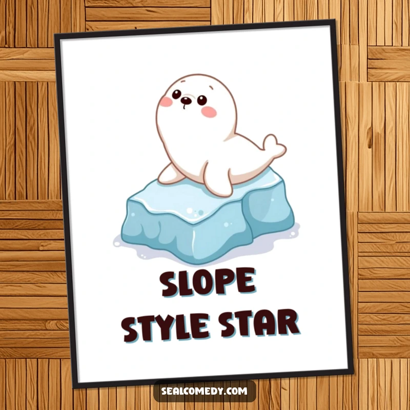 Funny digital art print of a playful seal character hilariously sliding down a small icy slope, capturing pure, unadulterated fun.