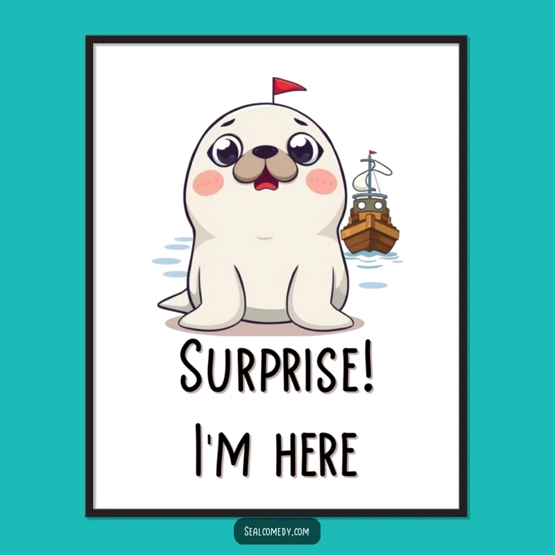 Funny Surprised Seal Digital Art: Instant Laughs with Boat Scene, Perfect Funny Gift