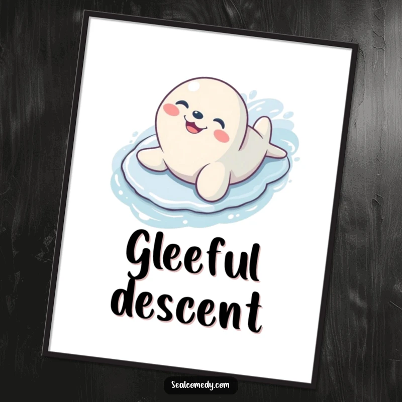 Funny seal with a wide, ecstatic grin sliding down a wet, slippery surface, a vibrant digital art print.