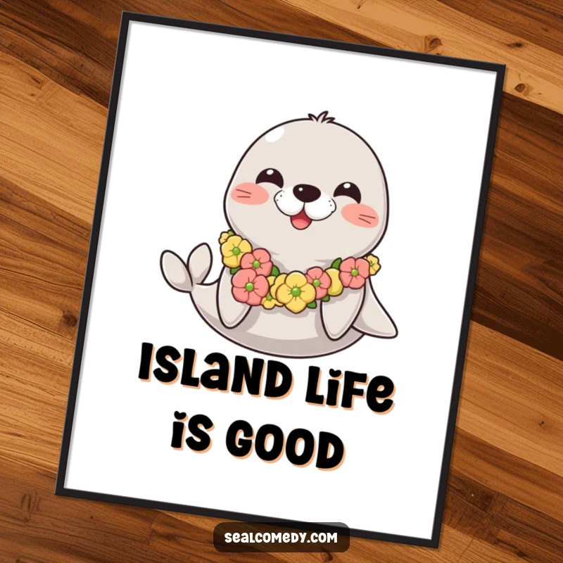Funny happy seal digital art print of a seal wearing a seaweed lei, radiating joy, relaxation, and tropical happiness.