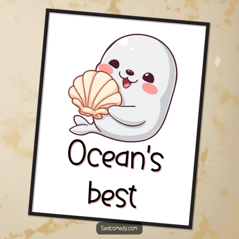 Funny digital art print of a smiling seal offering a shiny seashell, ready to infuse any space with instant humor and thoughtful charm.