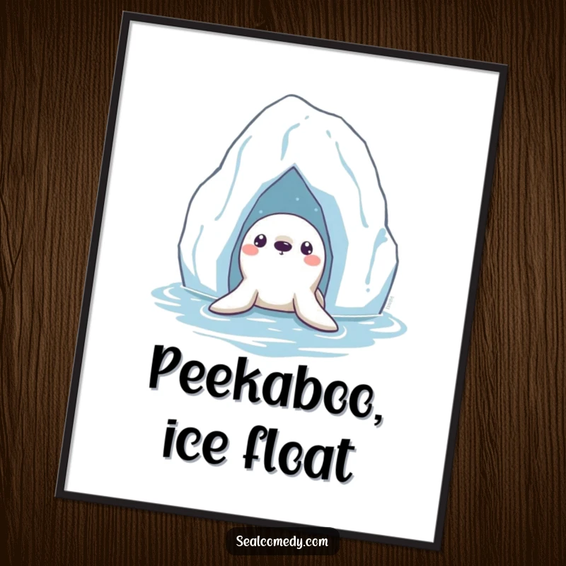 Funny Seal Digital Art: A curious seal peeking from beneath a floating iceberg, atmospheric and intriguing.
