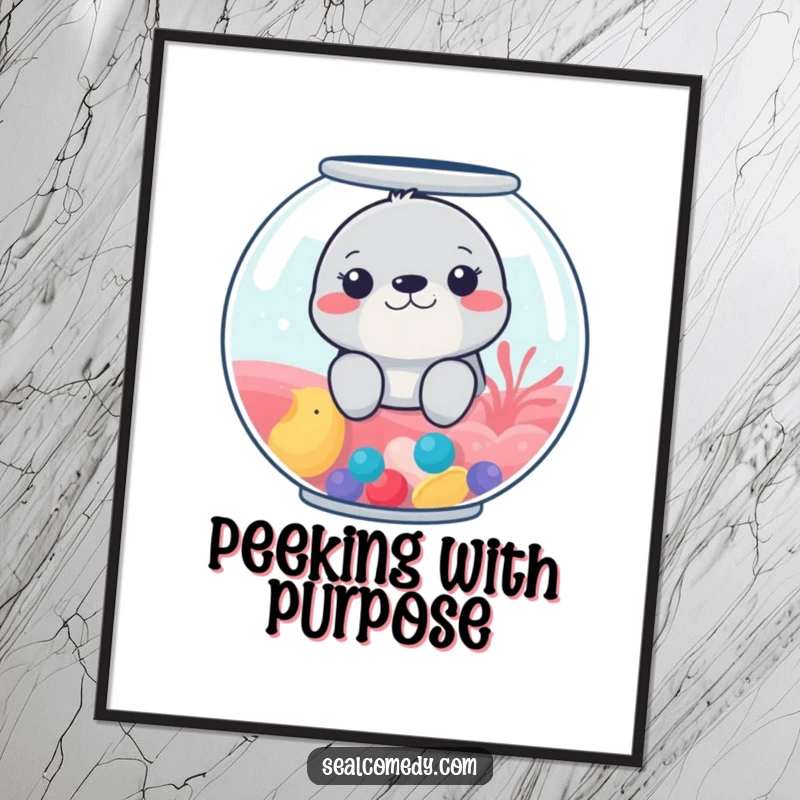 Funny digital art print of a seal peeking from a colorful fishbowl, adding whimsical humor to walls.