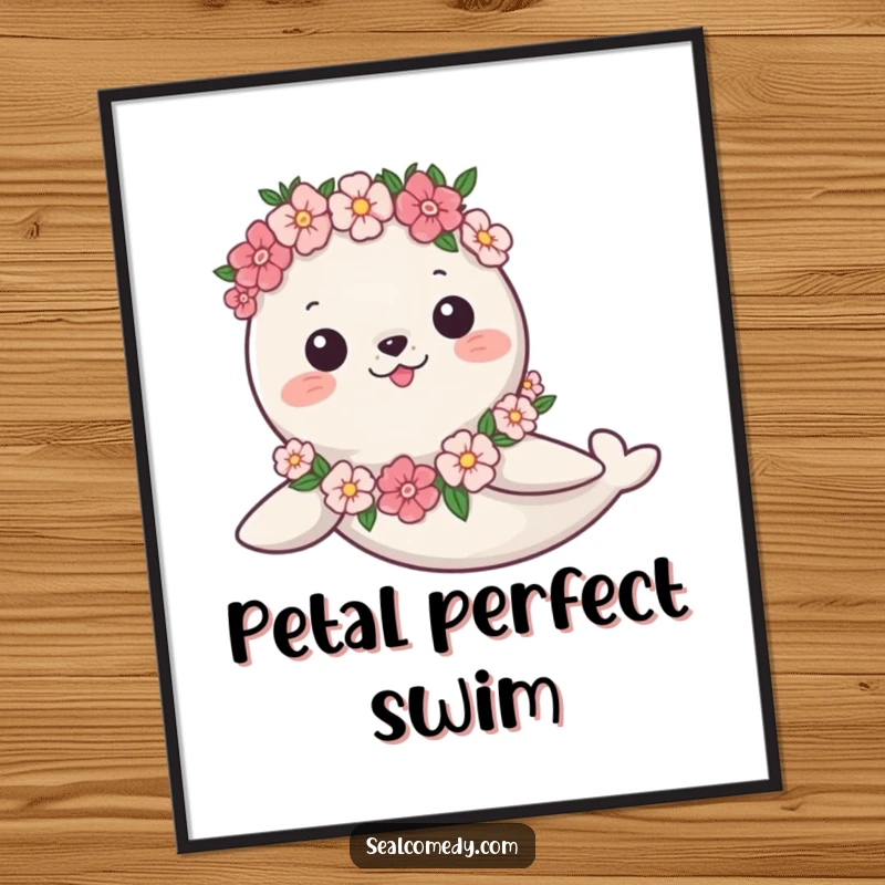 Funny Digital Art Print: A graceful seal swims serenely with a flower garland, a humorous and artistic statement.