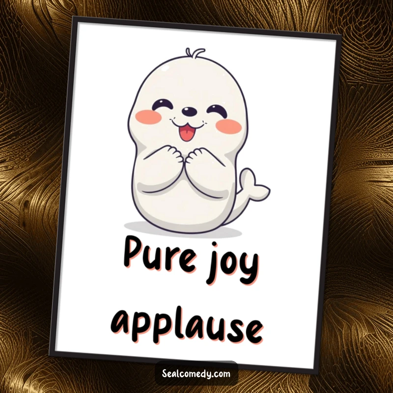 Funny digital art print of a seal character clapping its flippers with ecstatic joy, perfect for instant download and vibrant wall decor.