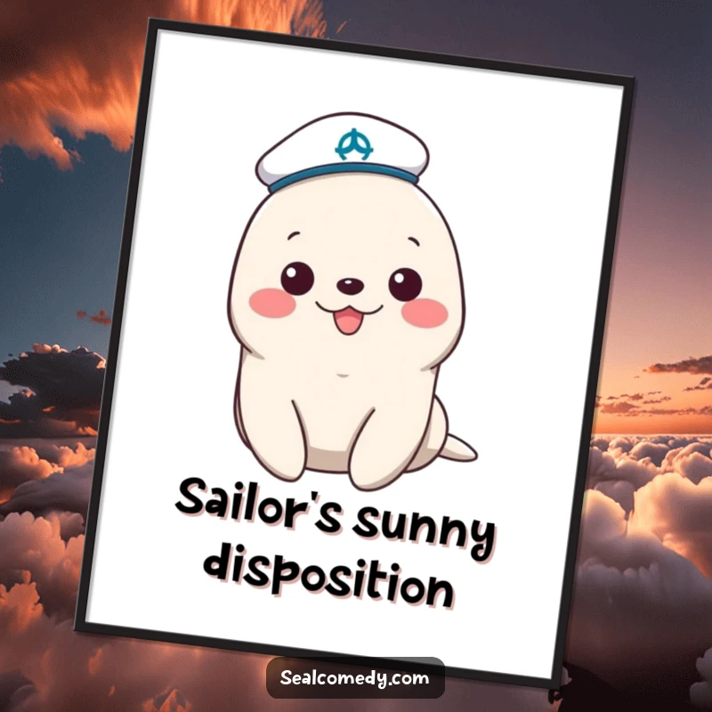 Funny sailor seal digital art print with a tiny hat, perfect for adding instant cheerful maritime themes and adorable animal charm to decor.