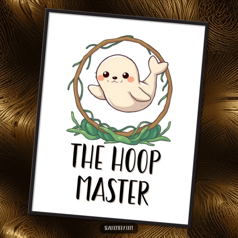 Funny Seal Digital Art Print: A determined seal leaping through a seaweed hoop. Instant humorous wall art for motivators.