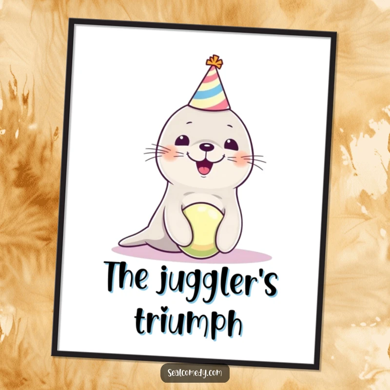 Funny seal pup wearing a party hat, balancing a ball, presented as a digital art print for immediate, humorous wall decor.