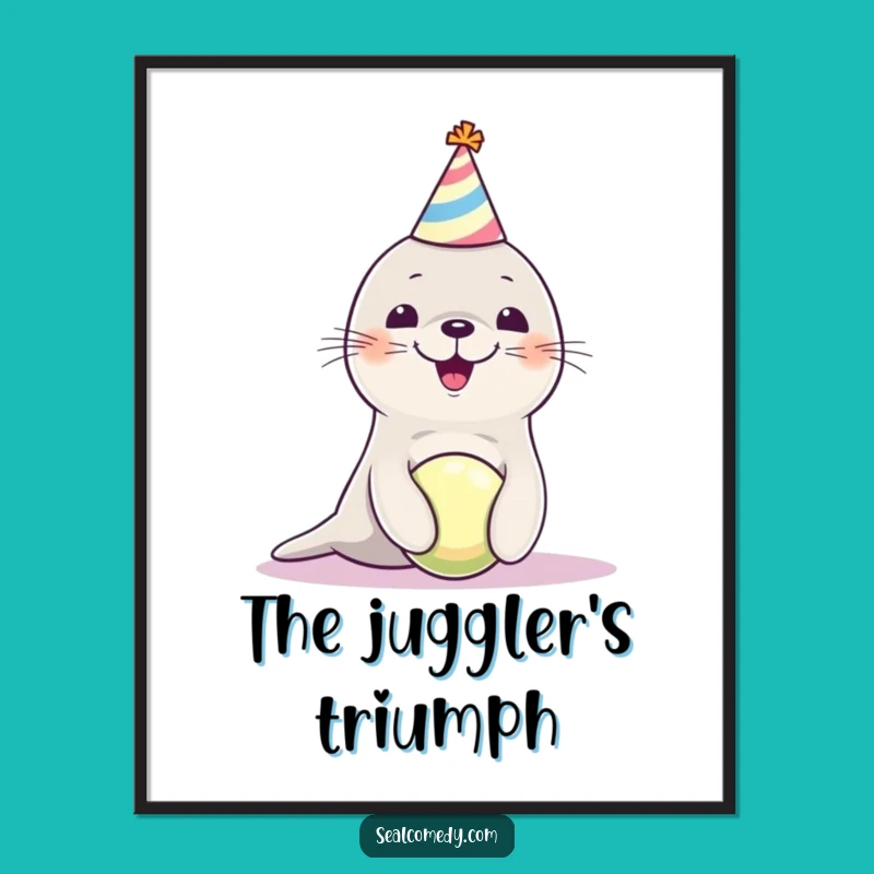 Funny Seal Pup Party Hat Digital Print - Joyful Balancing Ball Wall Art Gift