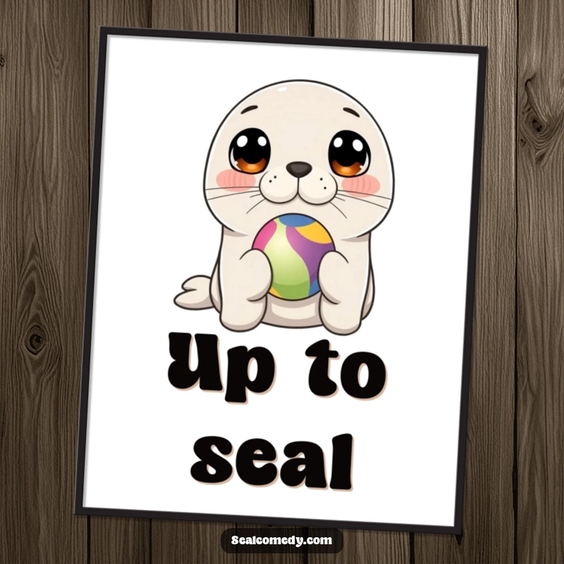 Funny seal balancing a colorful ball on its nose, a high-resolution digital art print for instant joy.