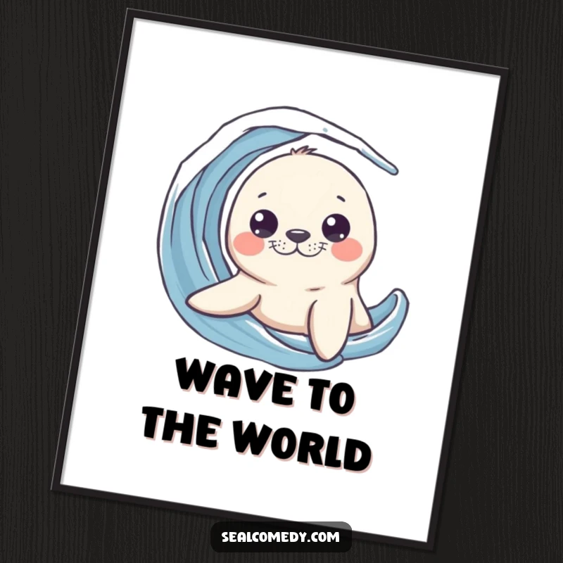 Funny seal digital art print of a curious marine animal peeking its head out from a wave, symbolizing wonder and intrigue.