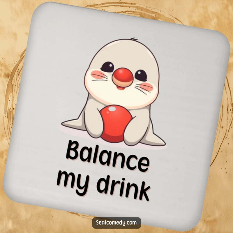 Funny seal drink coasters featuring a happy creature balancing a bright red ball on its nose, adding artistic flair.