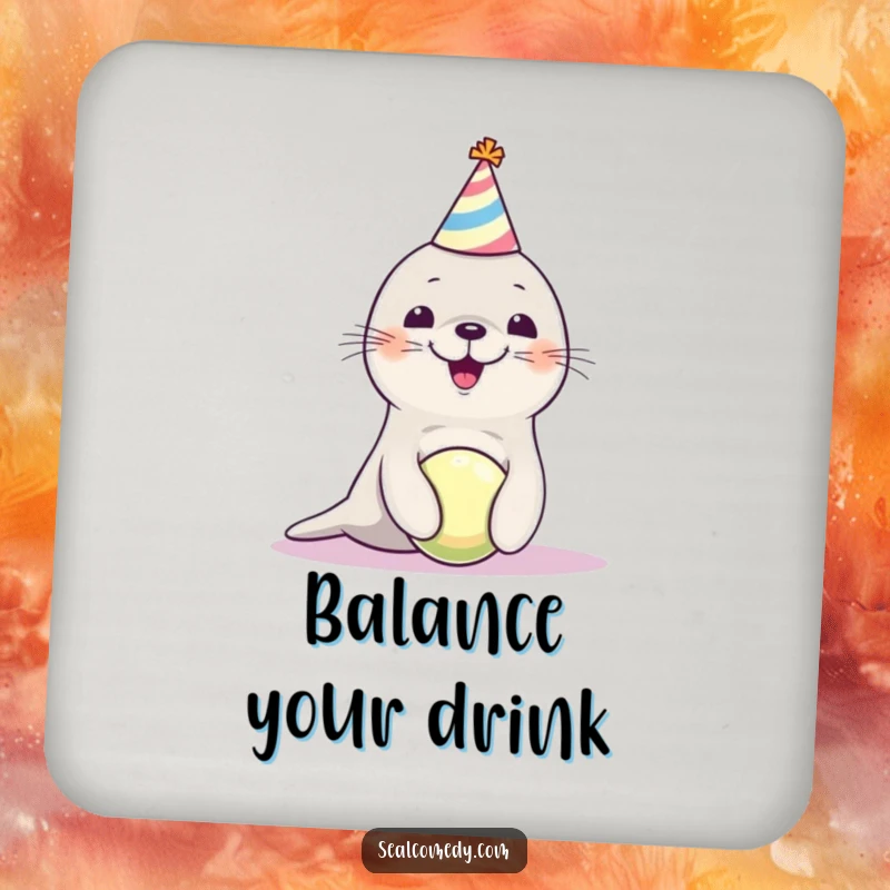 Funny seal pup wearing a party hat, balancing a ball, adorning a drink coaster for a touch of humorous protection.