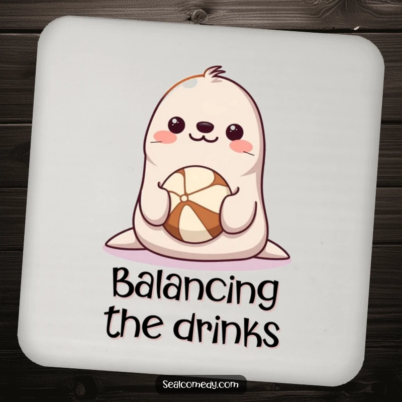 Funny Seal Coaster: A happy seal with a smiling face balancing a ball on its nose, protecting tables with charm.