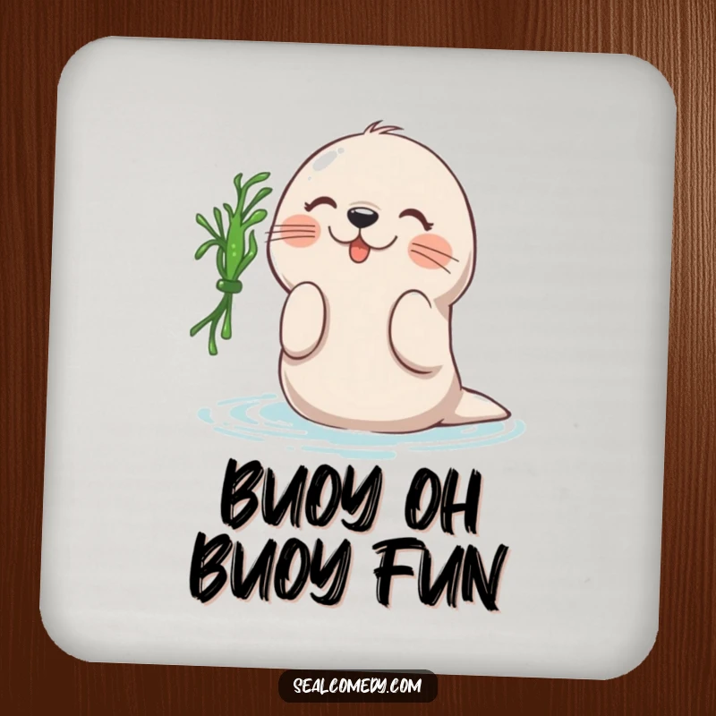 Funny drink coasters illustrating a seal's playful interaction with seaweed, adding a humorous and protective touch to any surface.