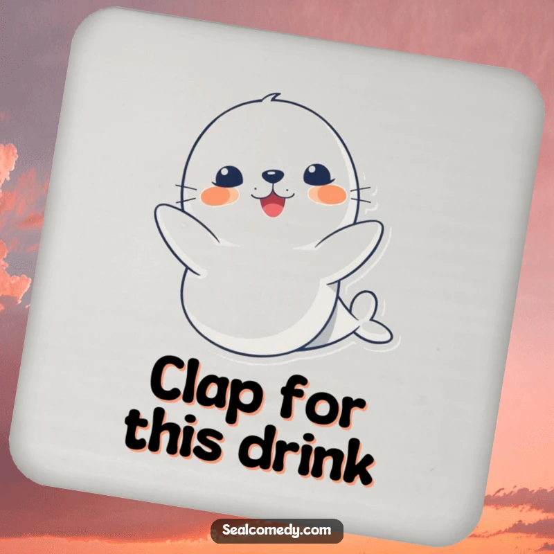 Funny cute seal drink coasters, depicting a happy clapping seal, ideal for protecting surfaces with marine joy.