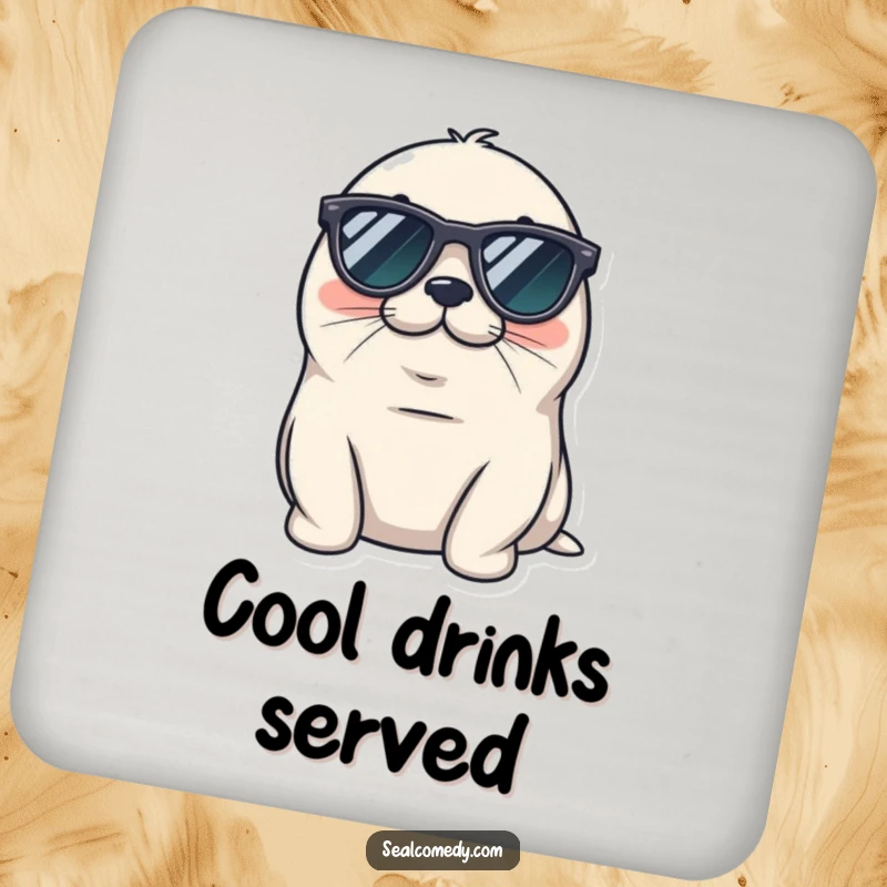 Funny seal coaster wearing tiny sunglasses, looking cool and relaxed, a chill marine mammal with awesome shades.