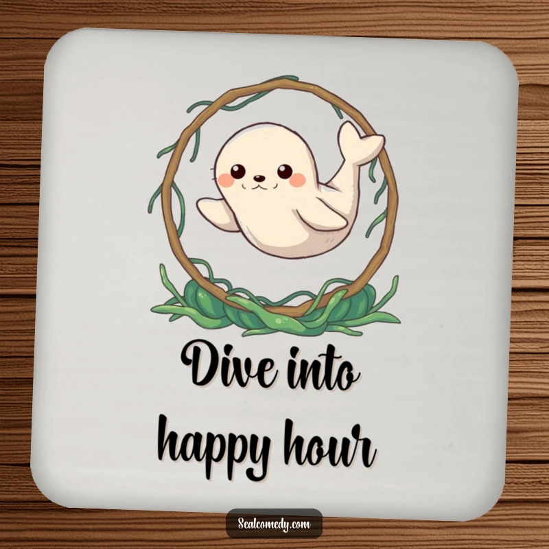 Funny Seal Coaster: A determined seal leaping through a seaweed hoop. Protects surfaces with humor, a cute funny gift.