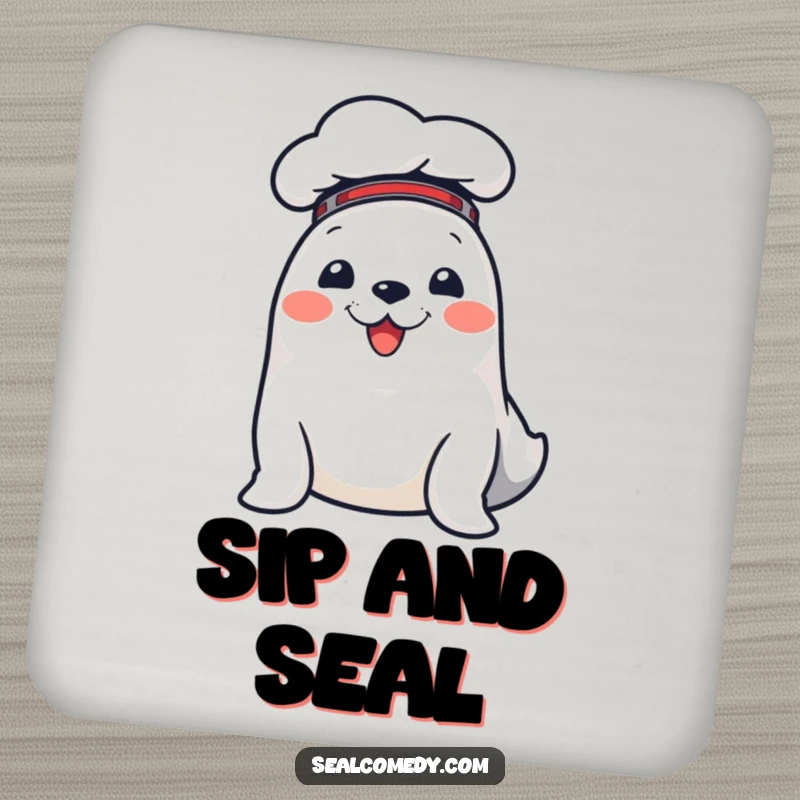 Funny drink coasters featuring a cheerful seal in a chef hat, protecting surfaces with a dose of culinary humor.