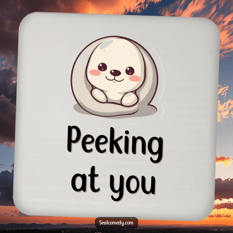 Funny Drink Coaster with a curious seal peeking from behind a pebble, adding charm.