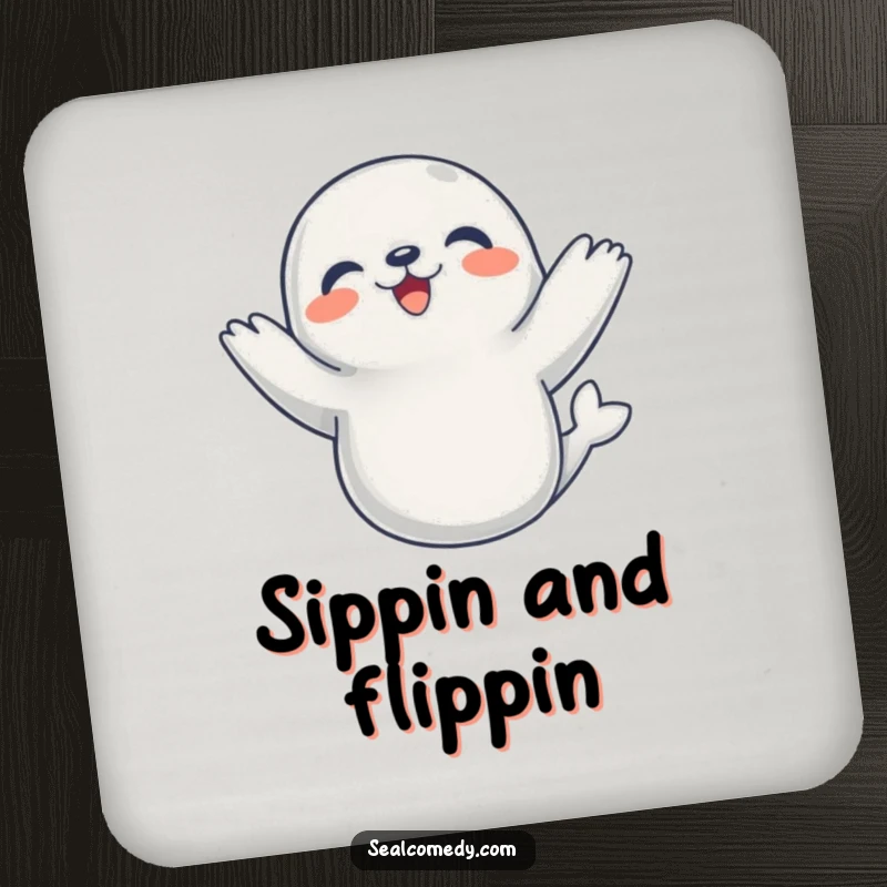 Funny Drink Coaster featuring a seal dancing with flippers up, adding joy to any surface.