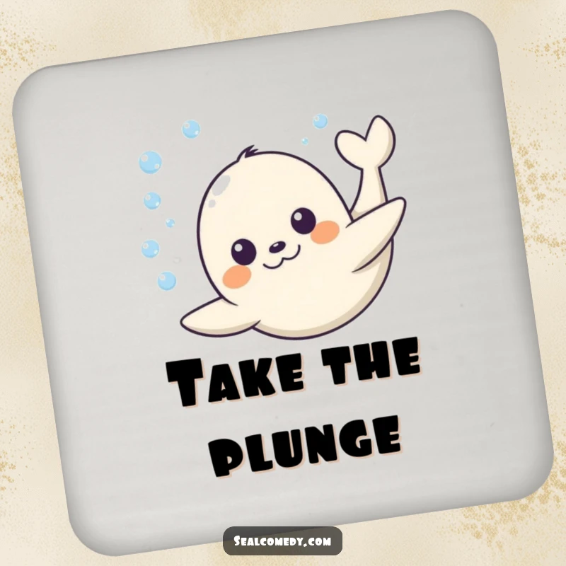 Funny Seal Coaster: A seal with a happy expression dives underwater, bringing humorous and joyful protection to your furniture. Great funny gift.