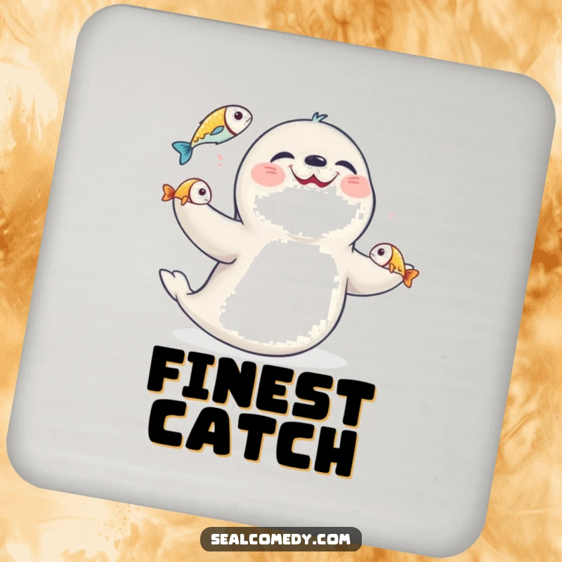Funny seal juggling fish, illustrated on a protective drink coaster, adding a whimsical touch to gatherings.
