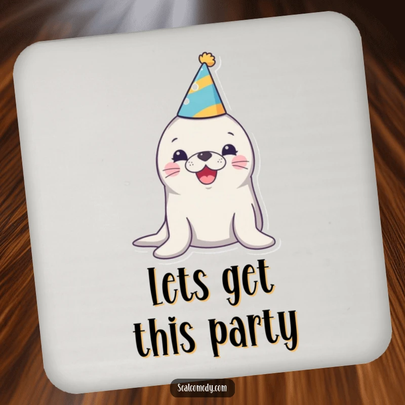 Funny drink coaster depicting a seal honking happily while wearing a party hat, adding a festive and humorous touch.
