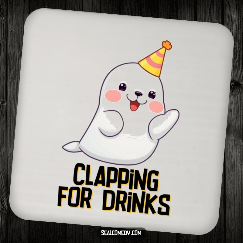 Funny seal wearing a party hat, clapping its flippers together, a cute and functional drink coaster.