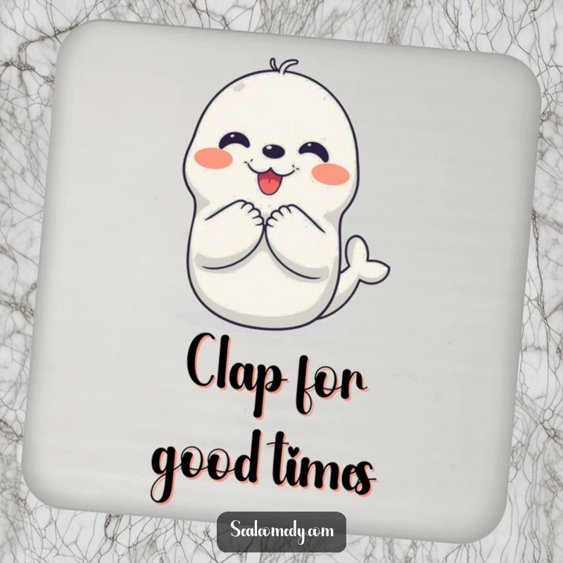 Funny drink coaster showcasing a seal character clapping its flippers joyfully, adding a touch of humor to any table setting.