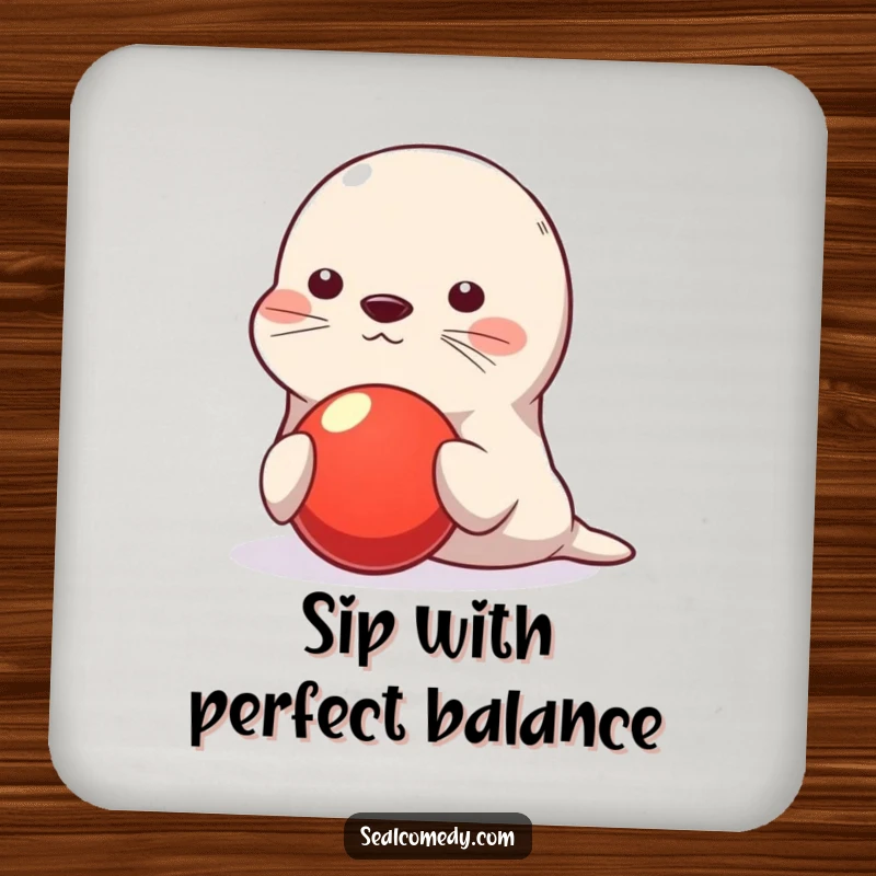 Funny seal coasters, cute character balancing red ball on nose, playful humorous drinkware, set of protective mats, ideal funny gift for homes.