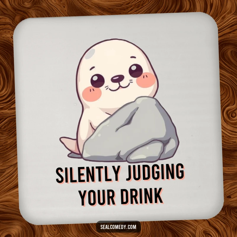 Funny drink coaster with an illustration of a seal peeking from behind a rock, bringing playful curiosity.