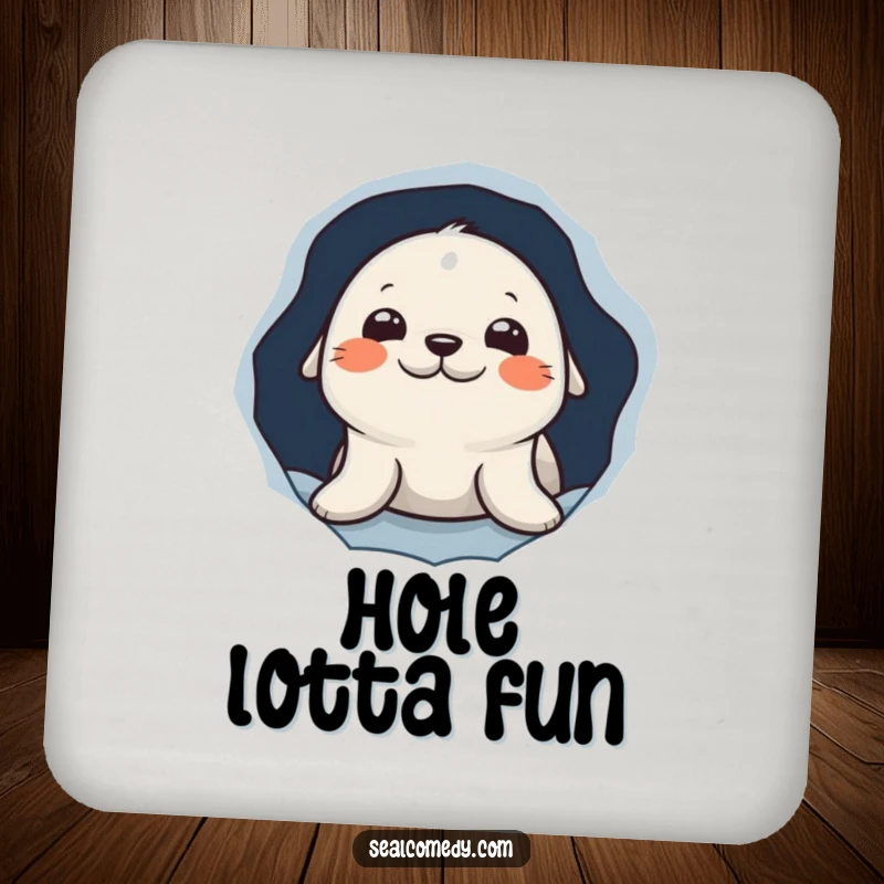 Funny drink coaster featuring a curious seal character peeking out from a hole in the ice, adding a touch of humor.